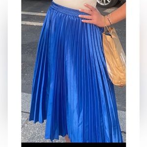 blue pleated midi skirt